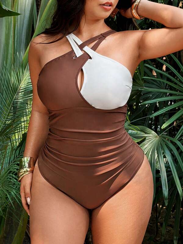 Swim Lushoire Plus Size Women's Halter Neck One-Piece Swimsuit, Multi-Color, Summer Beach Essential