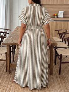 Weeklong Plus Size Women's Spring/Summer Colorful Retro Striped Print Long Sleeve Twist Knot Shirt Collar A-Line Casual Vacation Maxi Dress - Multicolor - View 2