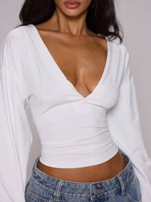 MUSERA ESSENTIALS White Slinky Deep Plunge Front Cinched Fitted Waist Flowy Batwing Long Sleeve Top - White - View 6