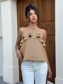 Siren Gaze Halter Neck Ruffle Top For Women - Khaki - View 7