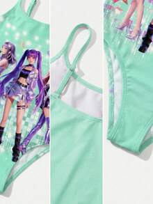 SHEIN 少女星形印花连体泳衣，沙滩度假风，韩流灵感 - 綠色 - 查看 4