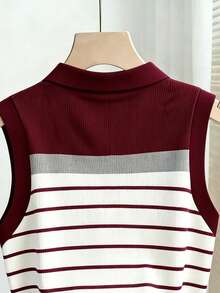 Resyla Plus Size Women's Red Striped Colorblock Digital Print Ribbed Casual Everyday Knit Polo Collar Sleeveless Tank Top - Multicolor - View 4