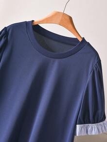 CosyJoli Women's Plus Size Round Neck Ruffle Contrast Color Striped Patchwork Sleeve Fashion T-Shirt Office Work Blue T-Shirt For Women Daily Going Out T-Shirt - Navy Blue - View 4