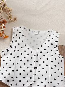 SHEIN Playful Pals 兒童波點無袖套裝，精緻時尚背心 + 短褲，簡約百搭，適合春夏季家庭聚會與出遊 - 白色 - 查看 8