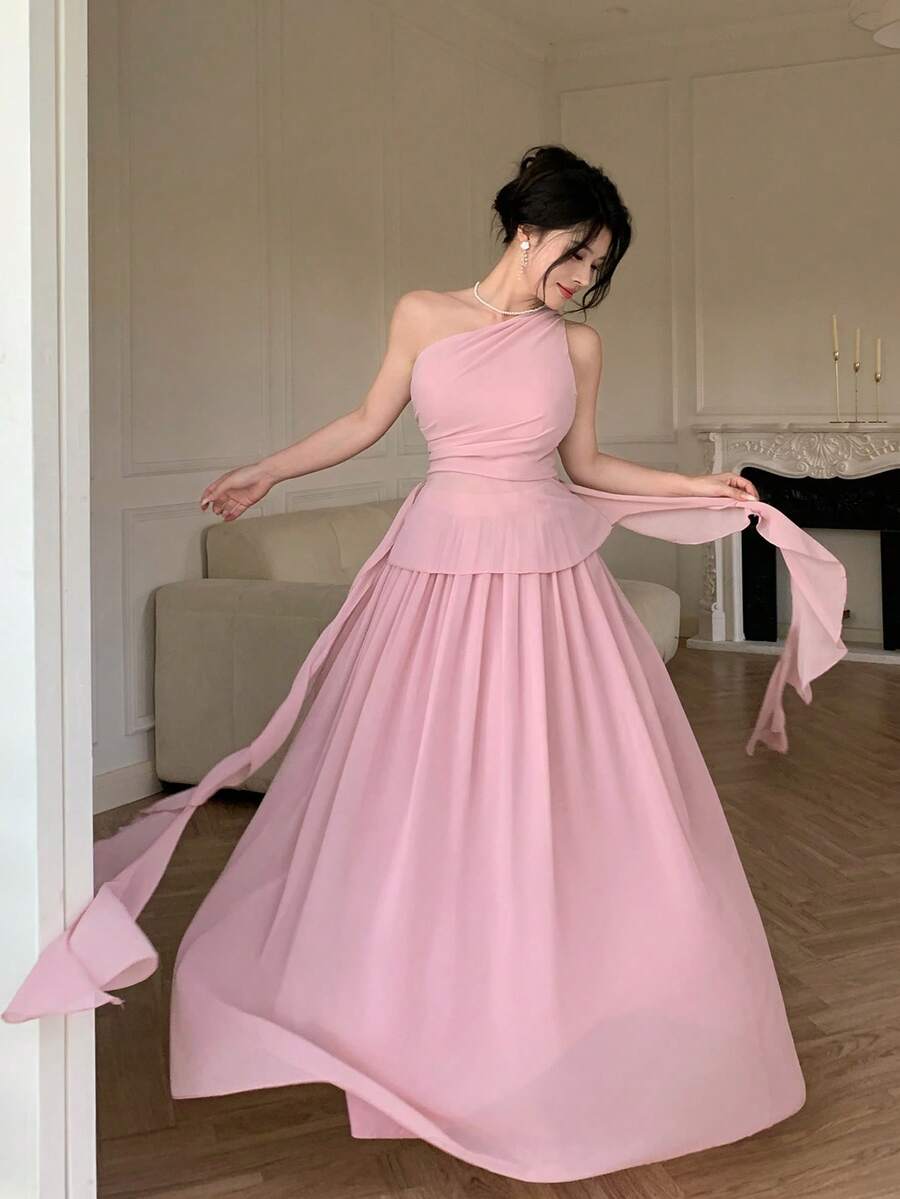 Modelyn Women's One-Shoulder Asymmetric Neckline Ruffle Strap Top And High-Waisted Draped Skorts Set Wedding Formal Christening Pink Summer Romantic Elegant