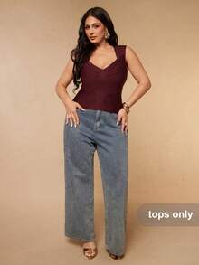 SHEIN BAE CURVE Plus Size Women's Burgundy Bandage Top, Summer Outfits, Independence Day, 4th Of July, Elegant, Bandage Top - Burgundy - View 3