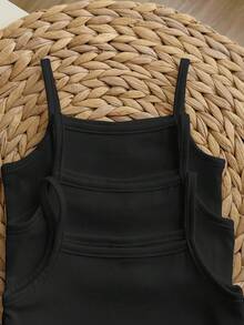 SHEIN Babygirl Casual Minimalist Knit Solid Color Camisole Snap-Bottom Camisole 3pcs Set - Black - View 5