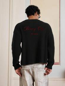 SWAVVY Sweater Pria Kasual Bordir Huruf Musim Gugur/Dingin - Hitam - View 5