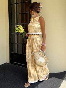 Serisse Women's Vacation Casual Plaid Tank Top And Long Pants 2 Pieces Set - Yellow - View 6