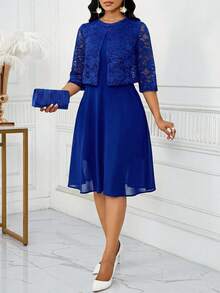 SHEIN Lady Women's Elegant Lace Sleeveless Top Dress 2 Pieces Set Summer Birthday Cocktail Bar Party After PartyEvent Office Wedding Blue Floral Navy Blue - Royal Blue - View 5