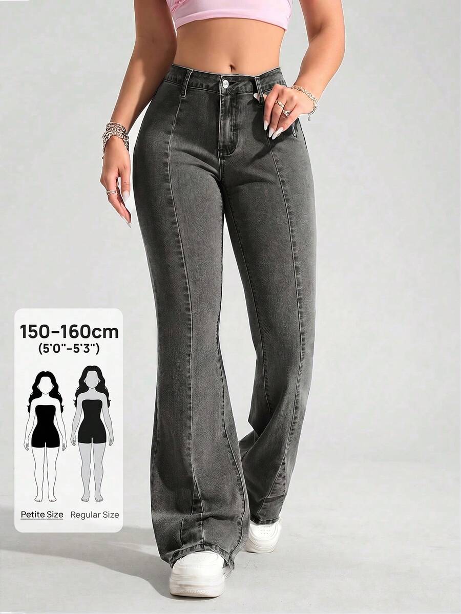 SHEIN PETITE 女款休閒喇叭牛仔褲,適合日常穿著,百搭 - 灰色 - 查看 1