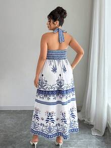 SHEIN Clasi Women's Plus Size Spring/Summer Elegant Boho Vintage Print Deep Shirred Halter Tie-Up Ruched Dress Beach Vacation Blue And White - Multicolor - View 2