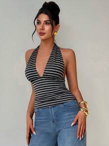 Firerie Women's Striped Fashion Sexy Halter Neck T-Shirt For Concert And Date - Dark Grey - View 10
