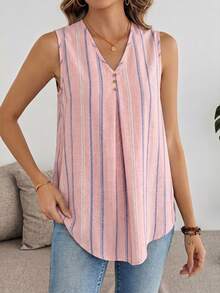 EMERY ROSE Striped Plus Size V-Neck Sleeveless Shirt Suitable For Summer - Multicolor - View 7