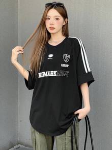 DAZY Round Neck Striped Side Slit T-Shirt Oversized T-Shirt,Graphic Tees School Cute Tops - Black - View 5