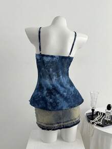 Sweetra 大尺碼夏季休閒碎花印花荷葉邊細肩帶上衣 - 藍色 - 查看 2