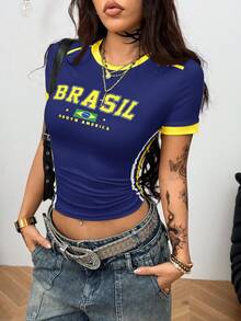 Coolane Women's Summer Streetwear Style Cool Basketball Jersey Design Letter Print White Top For Brazil Tops For Women Short Sleeve Top - Royal Blue - View 5
