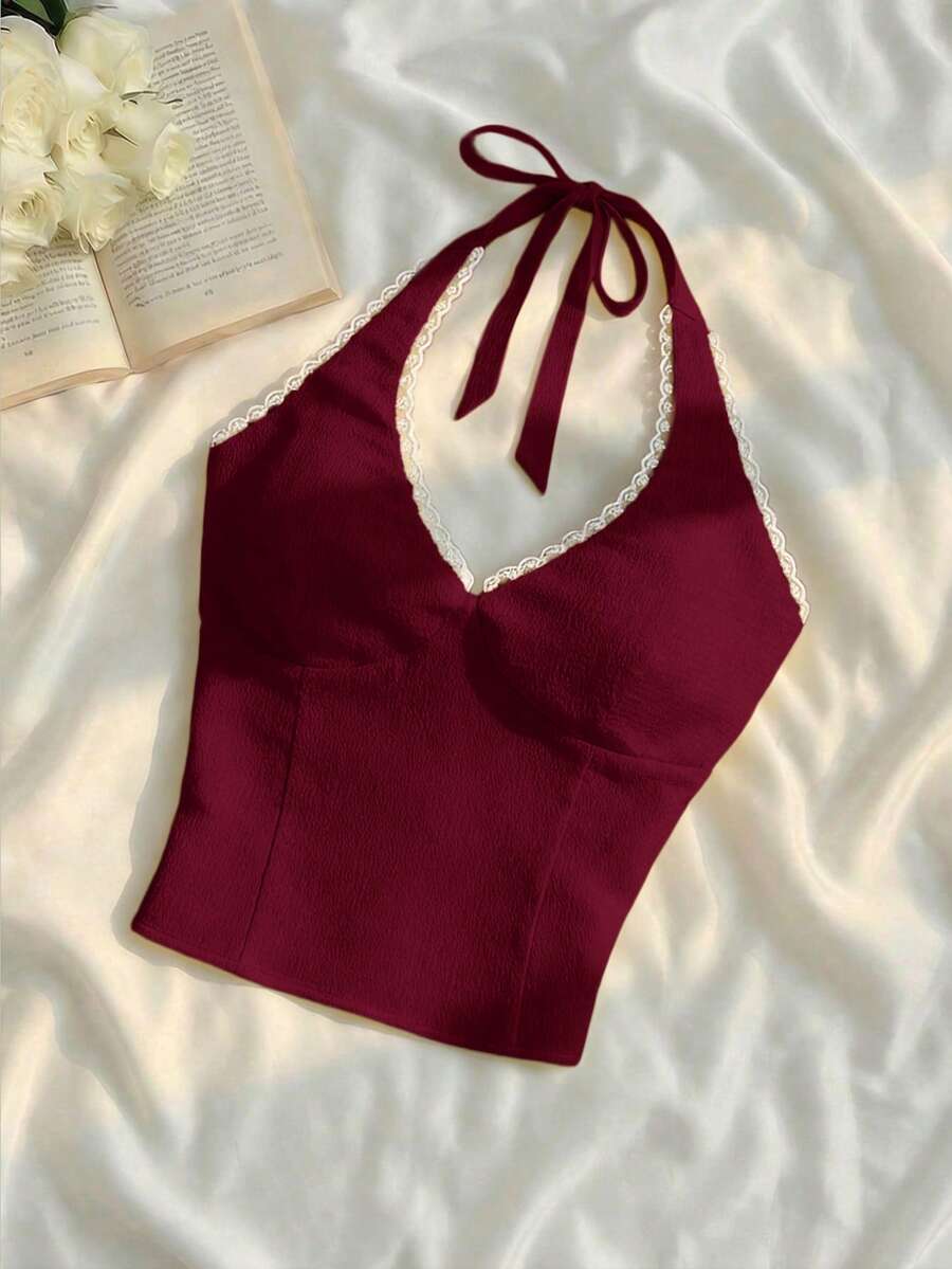 SHEIN MOD 女款復古掛脖露背蕾絲拼接短版上衣 - 酒紅色 - 查看 1