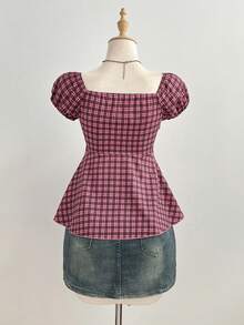 Elamini Women's Spring/Summer Red Plaid Shirt, Sexy Retro Casual Short Sleeve, Bow Decor Chest Design, Slim Fit - Hot Pink - View 2