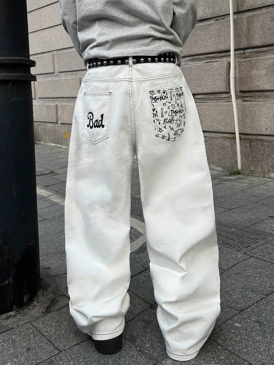 STEELVANCE Celana Jeans Denim Gaya Jalanan Retro Fashion Serbaguna dengan Desain Cetak Saku Belakang Bertabur Stud, Potongan Longgar Lurus dan Lebar, Kasual Ukuran Plus - Putih - View 1