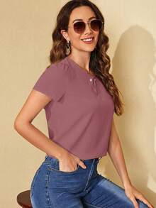 SHEIN Clasi 女士纯色圆领休闲百搭通勤短袖衬衫 - 粉色 - 查看 3