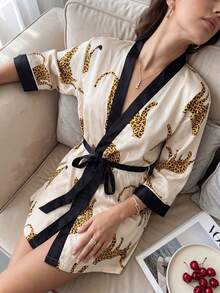 Rafferiza Leopard Print Mid-Length Sleeve Robe, Casual Daily Wear Luxe Loungewear, Fall, Winter - Multicolor - View 6