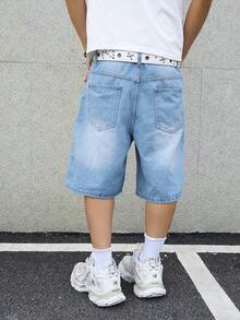 GENIUS ODE Men's Dragon Printed Wide Leg Denim Shorts, Holiday - Light Wash - View 2