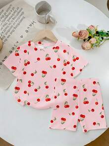 Young Girl Casual Simple Cherry Pattern Short Sleeve Shorts 2 Pieces Set Suitable For Summer - Multicolor - View 1
