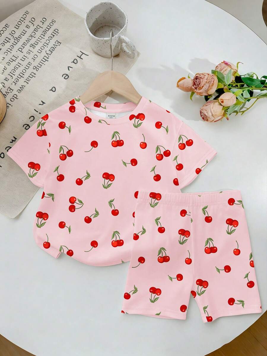 Young Girl Casual Simple Cherry Pattern Short Sleeve Shorts 2 Pieces Set Suitable For Summer - Multicolor - View 1
