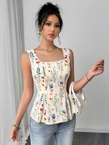 SHEIN 布料印花開領打褶綁帶無袖女式襯衫 - 彩色 - 查看 7