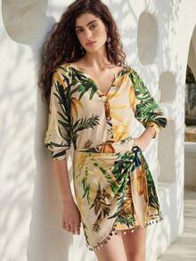 MOTF PREMIUM WOMEN'S LINEN PRINTED TASSEL BEADED VACATION SKIRT BEACH BEIGE SUMMER - Multicolor - View 9