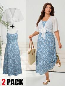 Solflare Women's Plus Size Set Sheer Summer Protection Top And Spaghetti Strap Floral Dress Wedding Guest All White Blue And White Boho Casual Formal - Multicolor - View 1