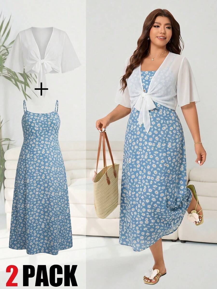 Solflare Women's Plus Size Set Sheer Summer Protection Top And Spaghetti Strap Floral Dress Wedding Guest All White Blue And White Boho Casual Formal - Multicolor - View 1