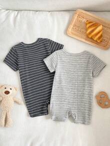 Infant Summer Striped Short Sleeve Snap-Button Jumpsuit, Minimalist Versatile Crawler Suit For Newborns - Multicolor - View 2