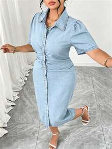 Elenzga Plus Size Women's Single Breasted Casual Party Denim Dress - Light Wash - View 1