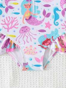 Cute Cartoon Mermaid Back Zipper Long Sleeve Sun Protection One-Piece Swimsuit Ruffle Trim Sun Protection Cute Hat - Mauve Purple - View 3