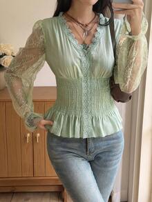 DAZY V-Neck Lace Blouse With Puff Sleeves, Cinched Waist And Long Sleeves - Green - View 6