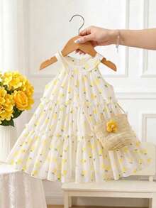 SHEIN Baby Girls Summer Round Neck Princess Dress With Ditsy Floral, Sweet Dress + Matching Floral Accessory Small Bag, Stylish Versatile Sleeveless Comfortable, Suitable For Daily Outings - Yellow - View 1