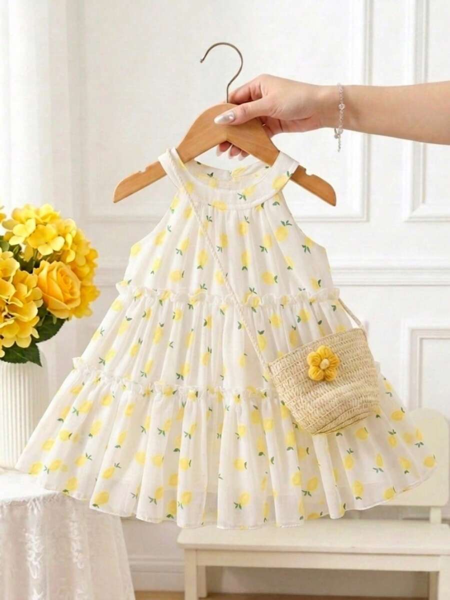 SHEIN Baby Girls Summer Round Neck Princess Dress With Ditsy Floral, Sweet Dress + Matching Floral Accessory Small Bag, Stylish Versatile Sleeveless Comfortable, Suitable For Daily Outings - Yellow - View 1