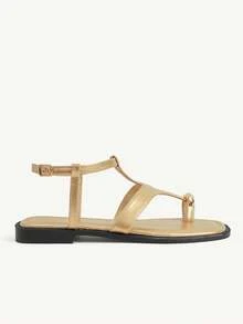CUCCOO CHICEST Women's Shoes Metal Button Toe Square Head Roman Shoes Soft Sole Beach Gold Open Toe Cross Flat Sandals Vacation Casual - Light gold - View 3