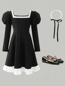 SHEIN Tween Girl Elegant Black And White Contrast Ruffle Square Neck Lantern Puffy Long Sleeve A-Line Dress - Black - View 2