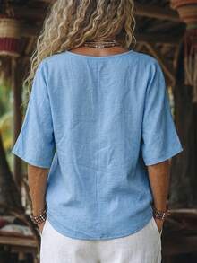 Zayélia Blusa holgada de mujer con cuello en V y botones de estilo lino sintético, nueva temporada - Azul - Ver 7