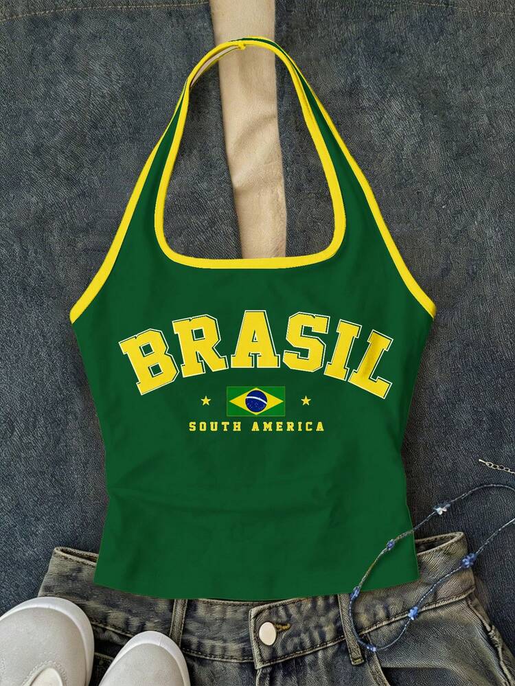 黃綠色拼接休閒運動城市字母 BRAZIL 圖案拼接飾邊，青少年女孩白色長版休閒掛脖上衣，適合夏季修身背心，可愛夏季穿搭 - 白色 - 查看 1