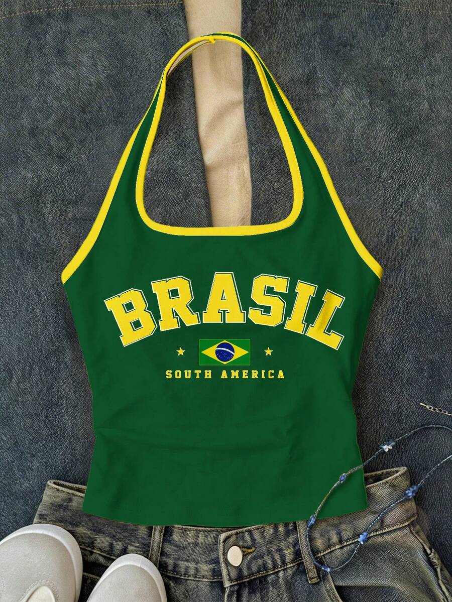 青少年女孩黃綠拼色休閒運動風城市字母BRAZIL圖案拼色飾邊掛脖上衣,適合夏季修身可愛上衣 - 白色 - 查看 1