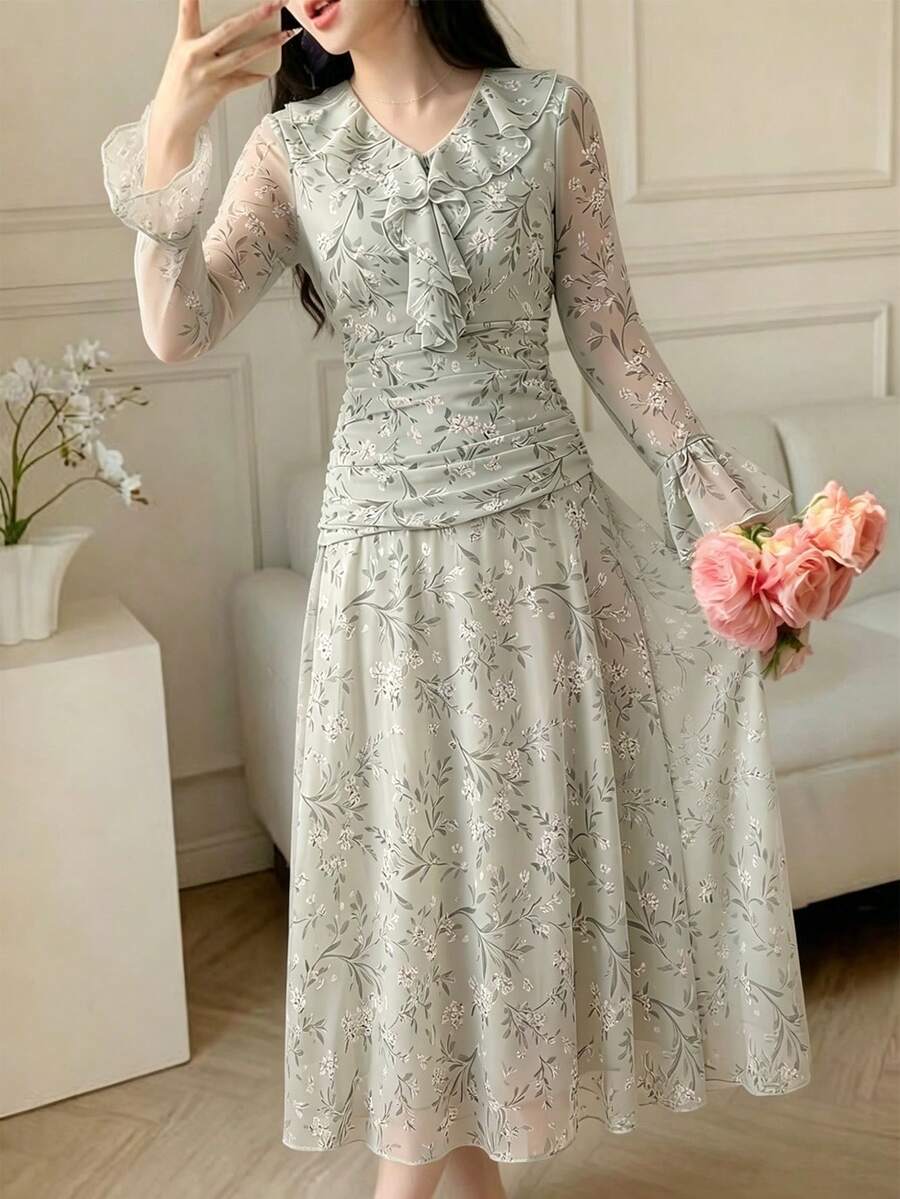 Modelyn 优雅浪漫印花长裙,适合户外穿着 - 綠色 - 查看 1