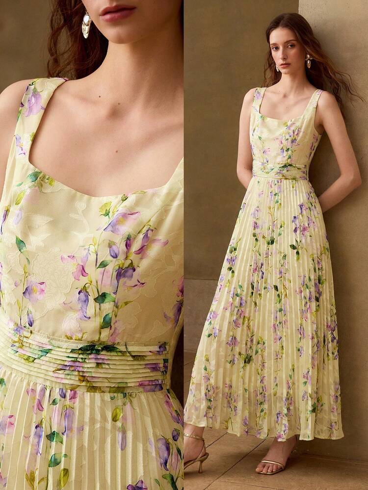 ELEGANT ROMANTIC IRIS FLORAL PRINT SQUARE COLLAR WAIST CINCHED FLARED DRESS, SUITABLE FOR SPRING/SUMMER