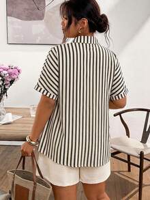 Lounesse Plus Size Women Striped Single-Breasted Casual Versatile Commuting Shirt - Black and White - View 2