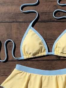 Elavelle Set Bikini Halter Warna Polos untuk Wanita, Cocok untuk Musim Semi dan Musim Panas - Kuning - View 5