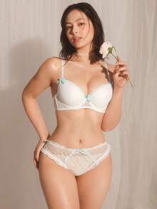 DelicateAllure 薰衣草心形网纱蕾丝拼接蝴蝶结装饰文胸套装 - 白色 - 查看 3