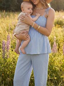 Boho Mama Maternity Light Blue Camisole And Pants Casual Outfit Country Summer Clothes Two Piece Set - Blue - View 1